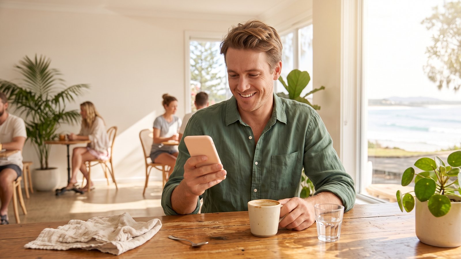 A man reads his phone with a smile at a sunny cafe table beside the beach.