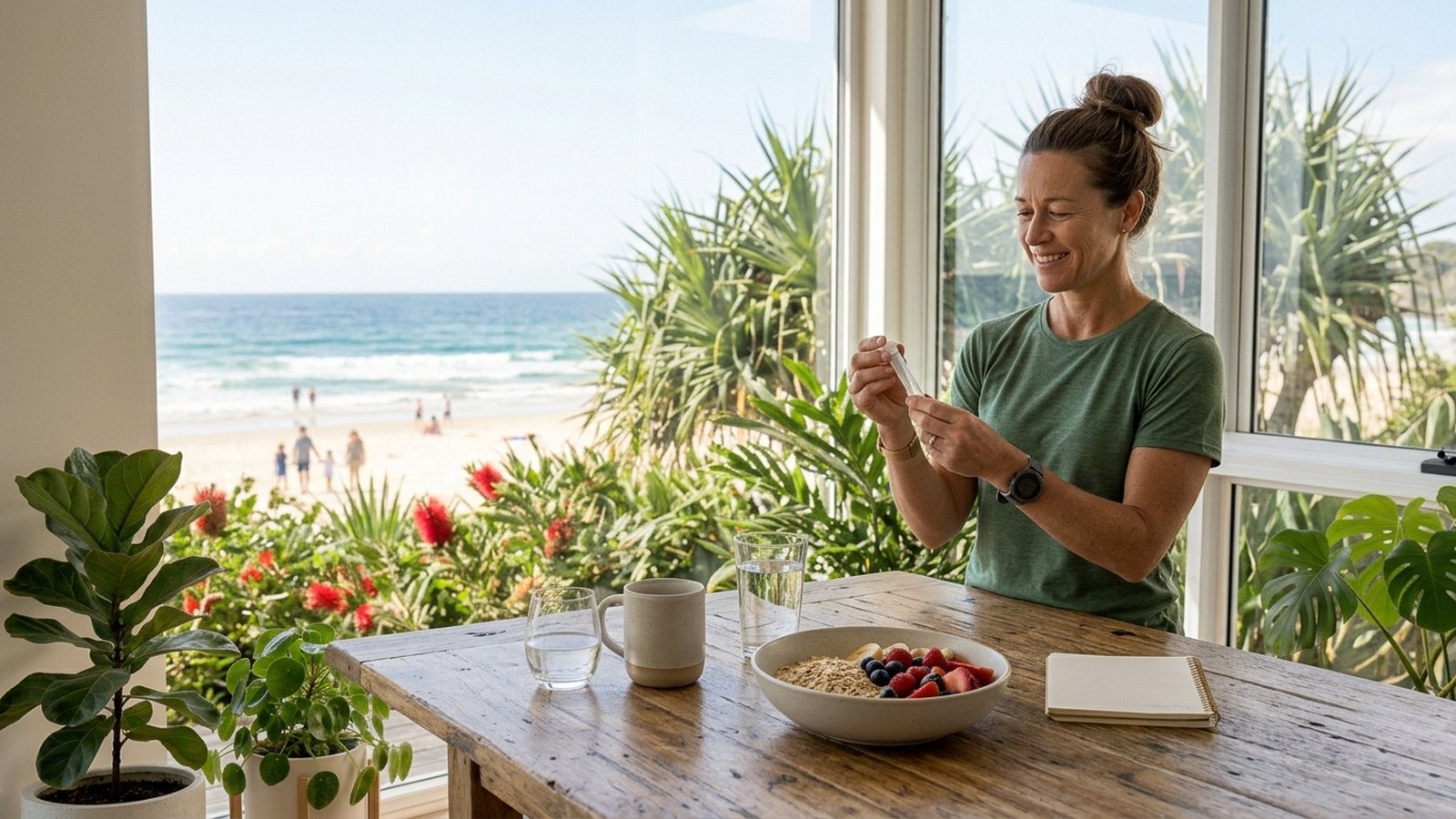 A woman holds a small cheek-swab tube from a home DNA kit at a sunny kitchen table.