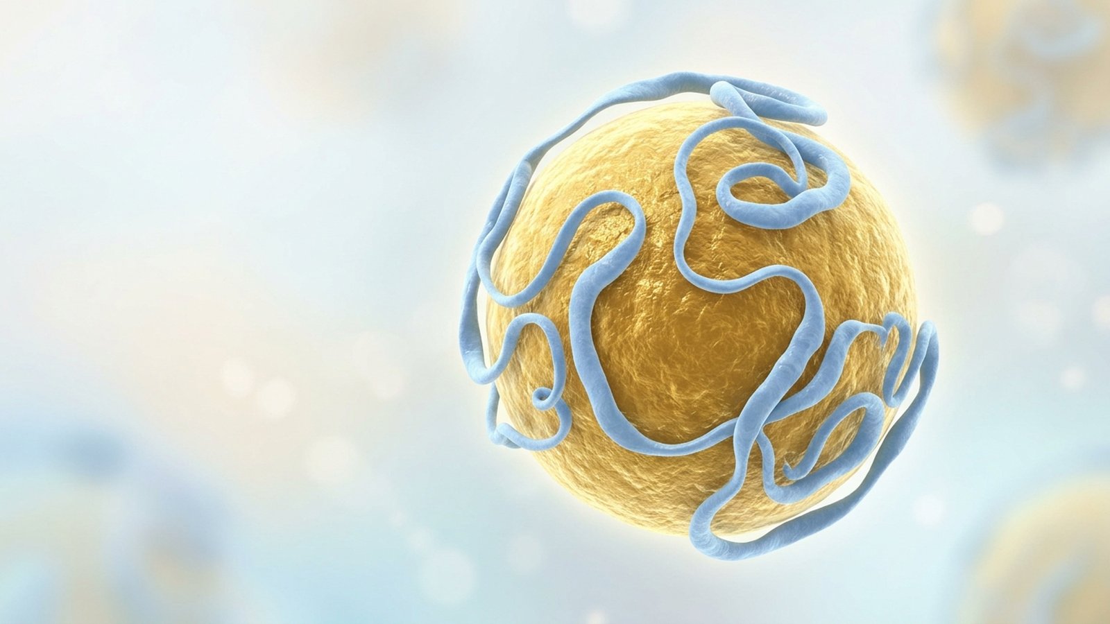 Scientific illustration of an LDL particle: a gold sphere wrapped in a single blue protein ribbon.