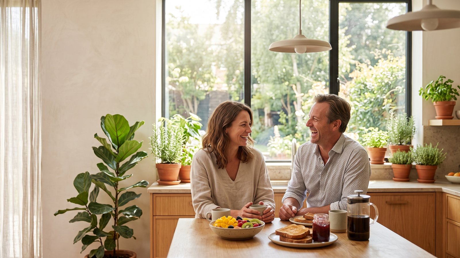 A smiling couple in their forties share breakfast at a sunny kitchen bench surrounded by plants.
